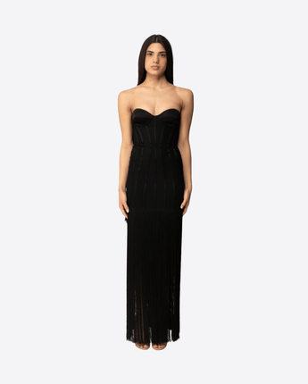 ELISABETTA FRANCHI ABITO ABITO RED CARPET IN TULLE CON FRANGE