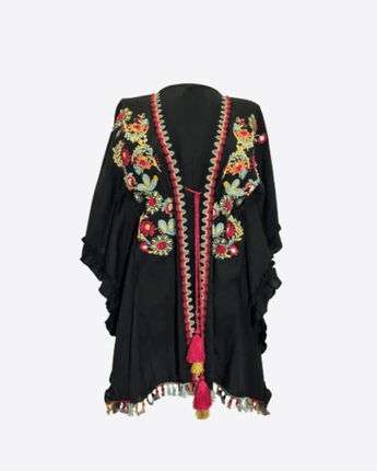 MISS BIKINI PONCHO NERO / UNI PONCHO FOLK CON RICAMI E NAPPINE