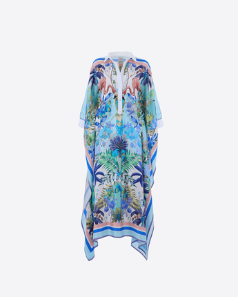 SARA ROKA ABITO CAFTANO KAFKA IN SETA TWILL STAMPATA FLAMINGO PALM