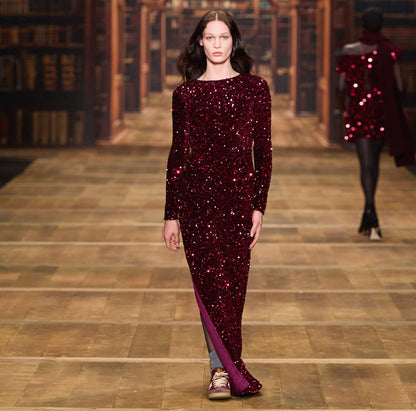 ELISABETTA FRANCHI | ABITO RED CARPET IN CINIGLIA RICAMATA CON PAILLETTES