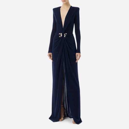 ELISABETTA FRANCHI | ABITO RED CARPET IN JERSEY LUREX CON NODO E ACCESSORIO LOGO