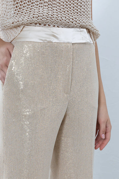 PESERICO | PANTALONE A PALAZZO IN PAILLETTES INGABBIATE IN TULLE
