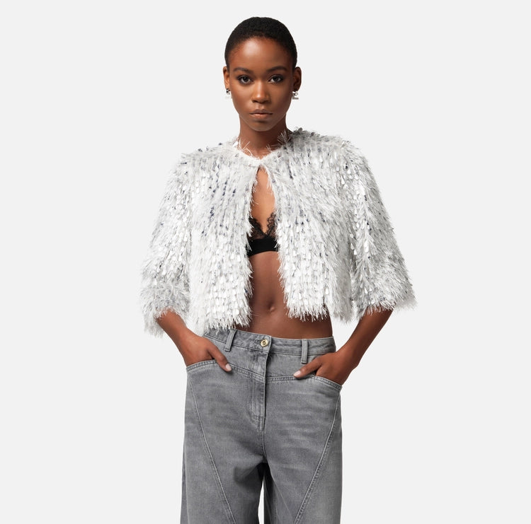 ELISABETTA FRANCHI | Giacca cropped in organza sfrangiata