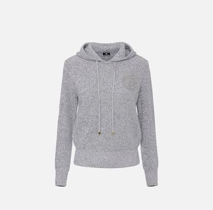 ELISABETTA FRANCHI | PULLOVER IN VISCOSA MOULINE' CON CAPPUCCIO E PATCH LOGO