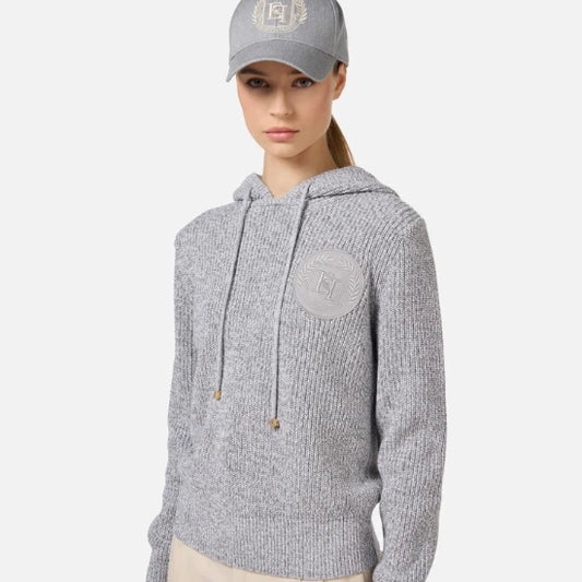 ELISABETTA FRANCHI | PULLOVER IN VISCOSA MOULINE' CON CAPPUCCIO E PATCH LOGO