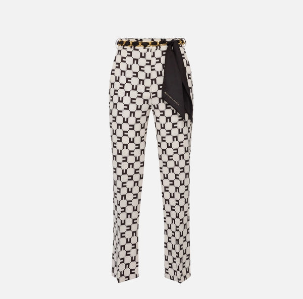ELISABETTA FRANCHI | Pantalone a zampetta in crêpe stretch stampa logo con cintura foulard
