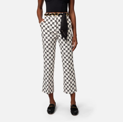 ELISABETTA FRANCHI | Pantalone a zampetta in crêpe stretch stampa logo con cintura foulard