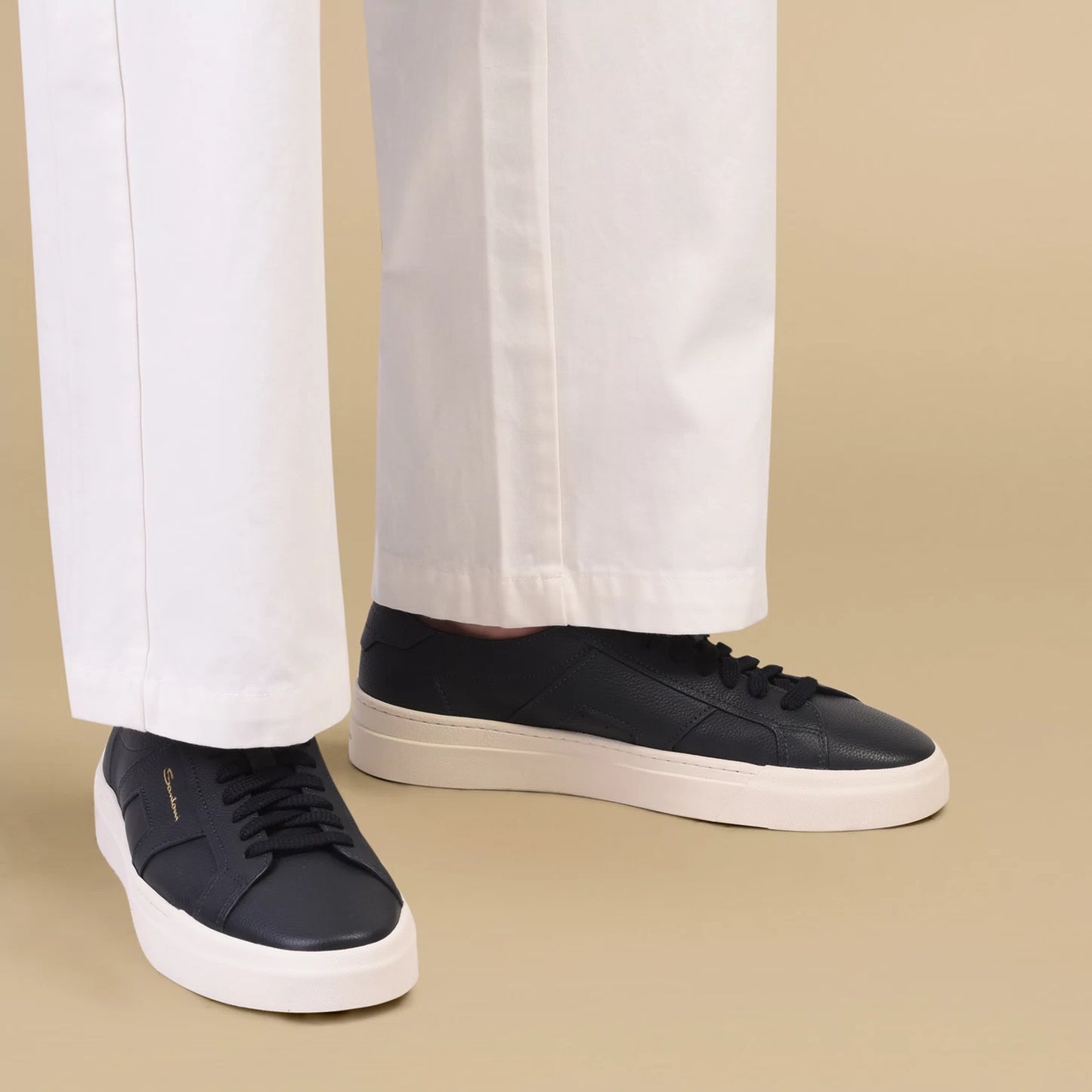 SANTONI | DOUBLE BUCKLE SNEAKER DA UOMO IN PELLE BOTTALATA BLU