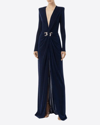 Elisabetta Franchi Abbigliamento e accessori NAVY / 42 ABITO RED CARPET IN JERSEY LUREX CON NODO E ACCESSORIO LOGO