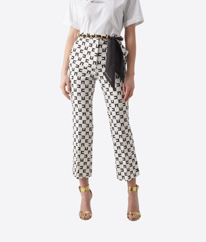 Elisabetta Franchi PANTALONE PANTALONE A ZAMPETTA STAMPA LOGO CON CINTURA FOULARD