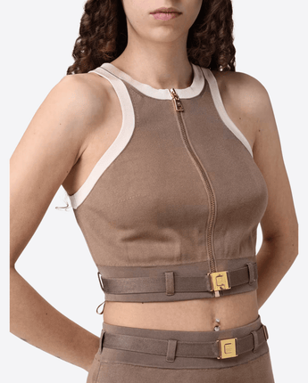 ELISABETTA FRANCHI TOP ARGILLA/BURRO / 40 TOP CROP IN VISCOSA CON ZIP