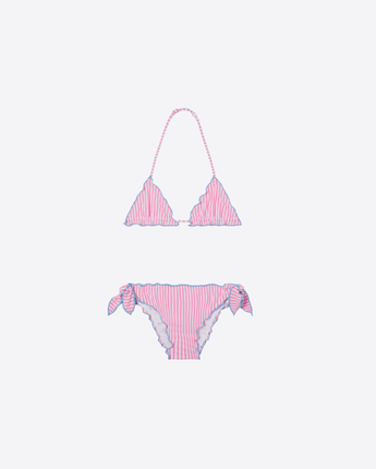 Mc2 Saint Barth COSTUME DA BAGNO BIKINI CRIS BIANCO E ROSA IN SEERSUCKER A RIGHE CON BORDI ARRICCIATI