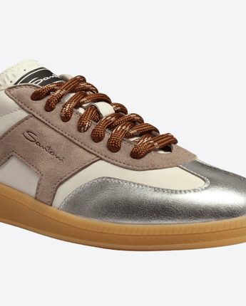 SANTONI SCARPE SNEAKER DBS OLY DA DONNA IN PELLE E SUEDE BIANCA,BEIGE E ARGENTO