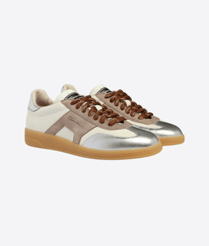 SANTONI SCARPE SNEAKER DBS OLY DA DONNA IN PELLE E SUEDE BIANCA,BEIGE E ARGENTO