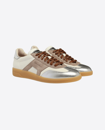 SANTONI SCARPE SNEAKER DBS OLY DA DONNA IN PELLE E SUEDE BIANCA,BEIGE E ARGENTO