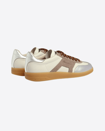 SANTONI SCARPE SNEAKER DBS OLY DA DONNA IN PELLE E SUEDE BIANCA,BEIGE E ARGENTO