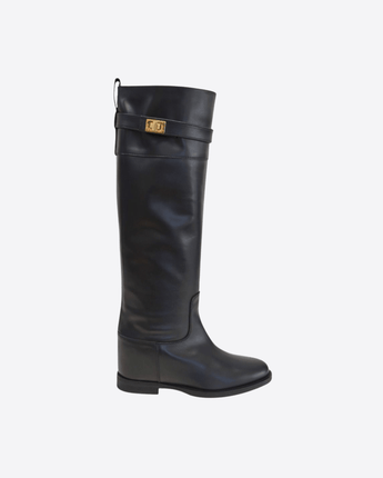 VIA ROMA 15 SCARPE NERO / 36.5 STIVALE IN PELLE NERA CON LUCCHETTO ORO