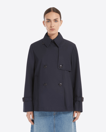 WEEKEND MAX MARA BLU TRENCH CORTO IN GABARDINA ANTIGOCCIA