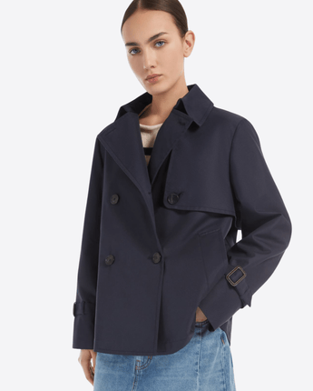WEEKEND MAX MARA BLU TRENCH CORTO IN GABARDINA ANTIGOCCIA